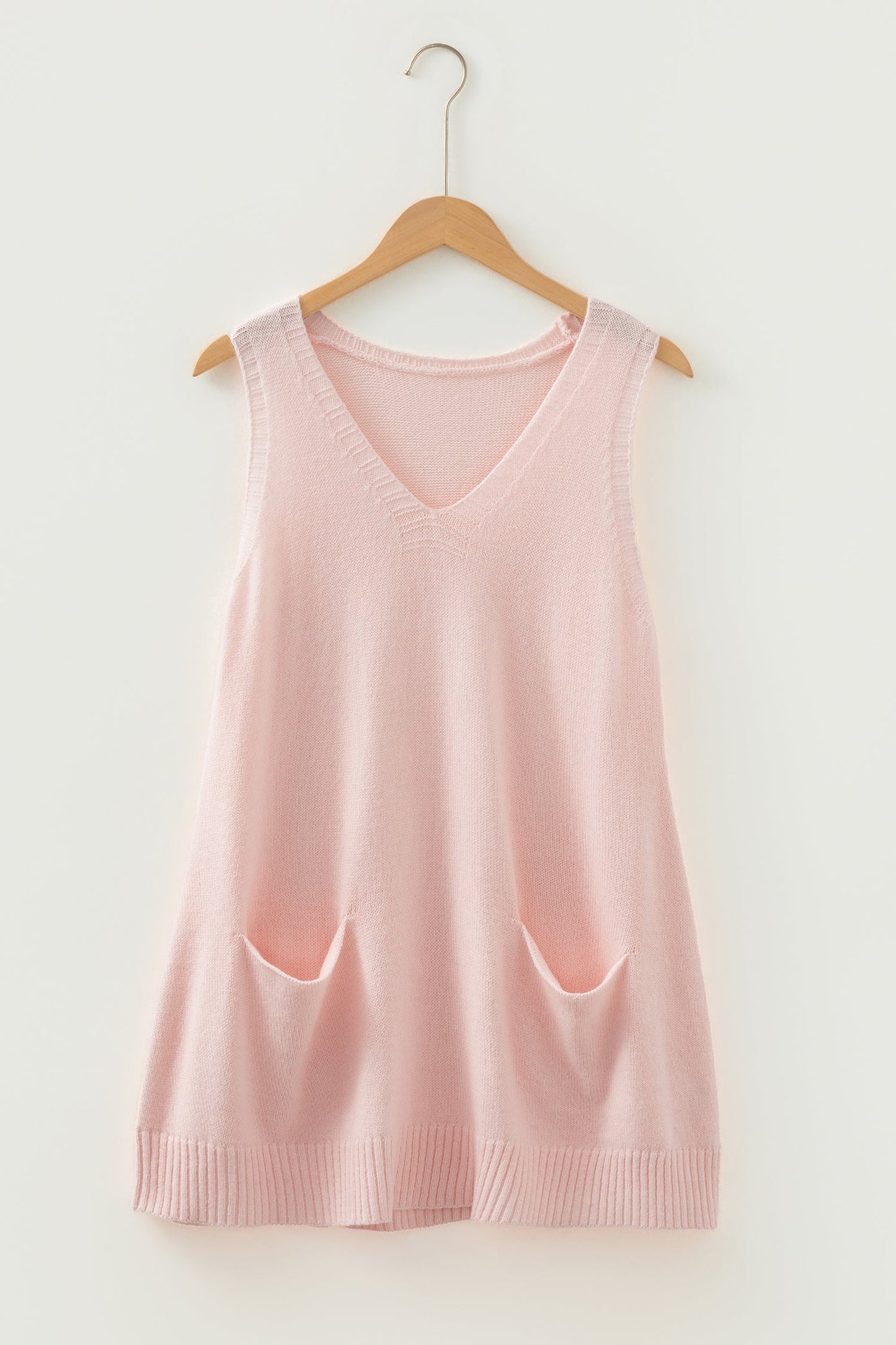 Solid Ribbed Trim Deep V-Neck Sleeveless Tunic Sweater