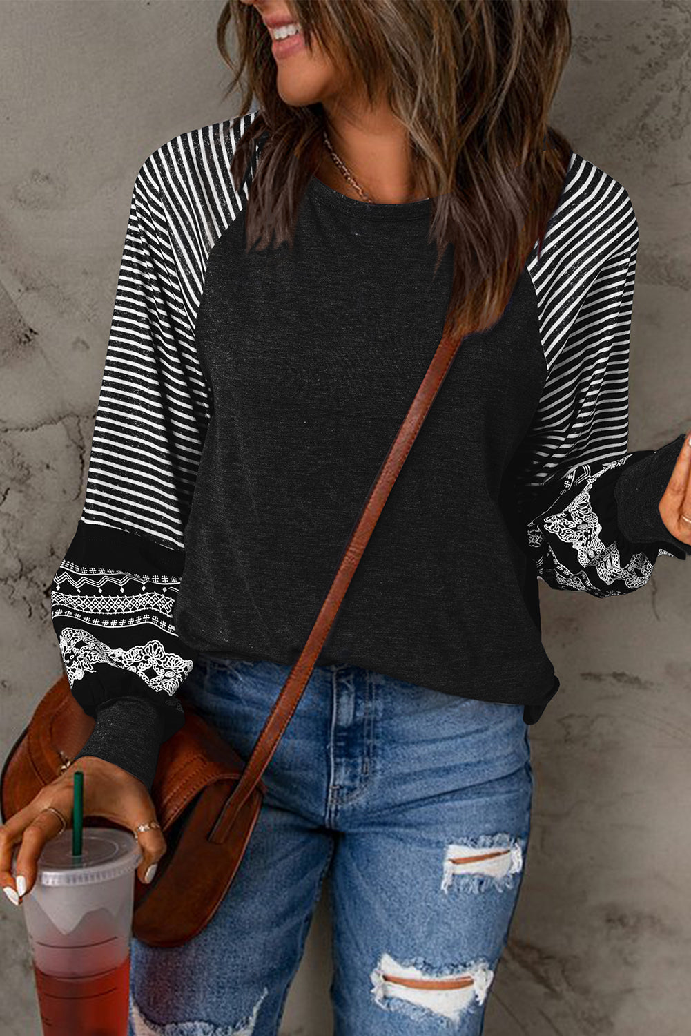 Stripe Patchwork Raglan Long Sleeve Top
