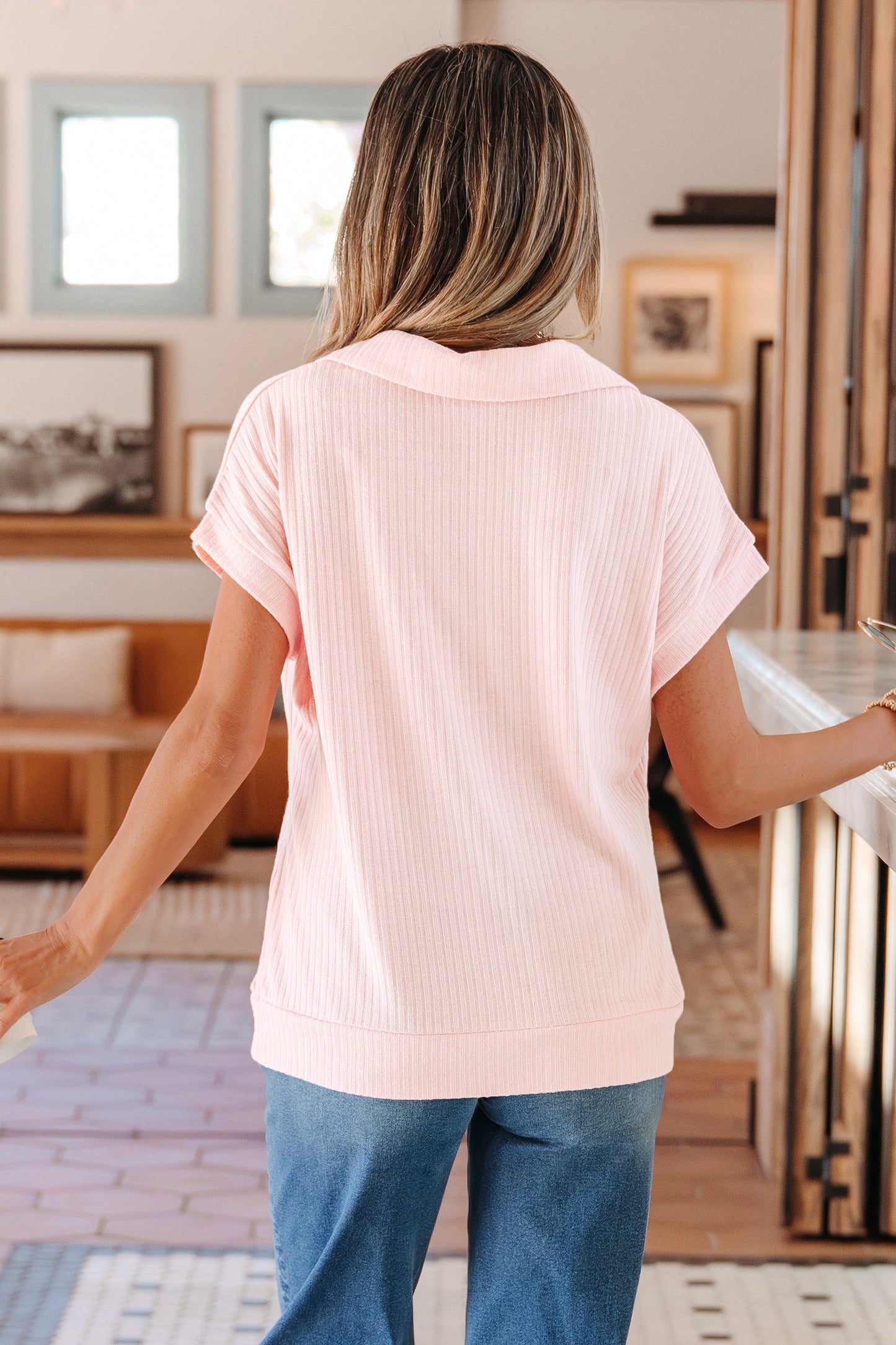 Solid Ribbed Knit Collared V-Neck Tee