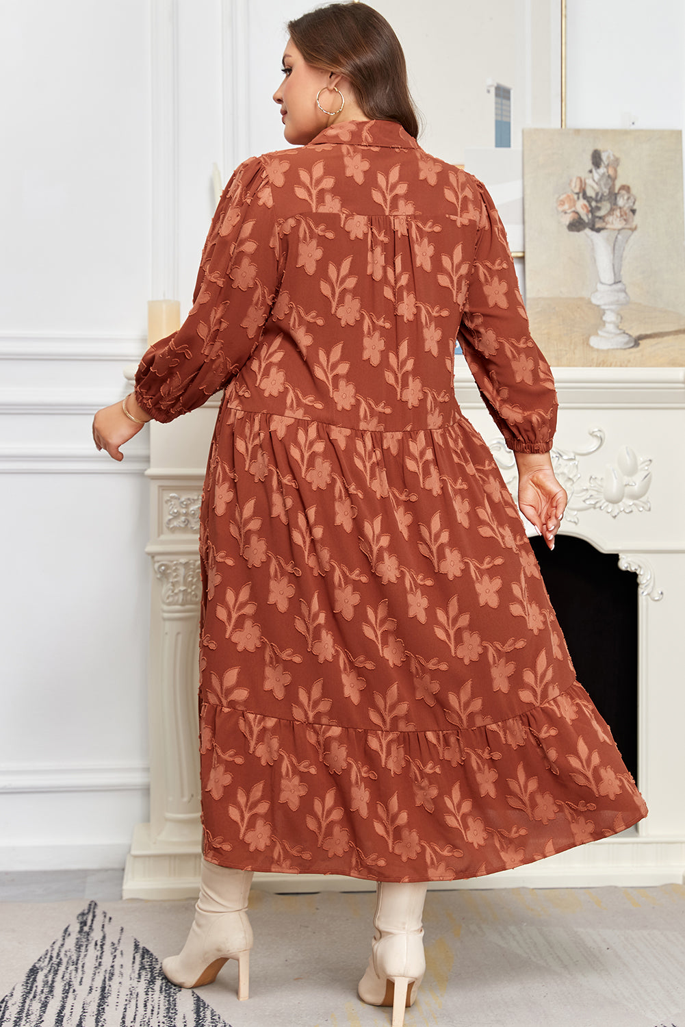 Plus Size Floral Ruffle Hem 3/4 Sleeve Maxi Dress