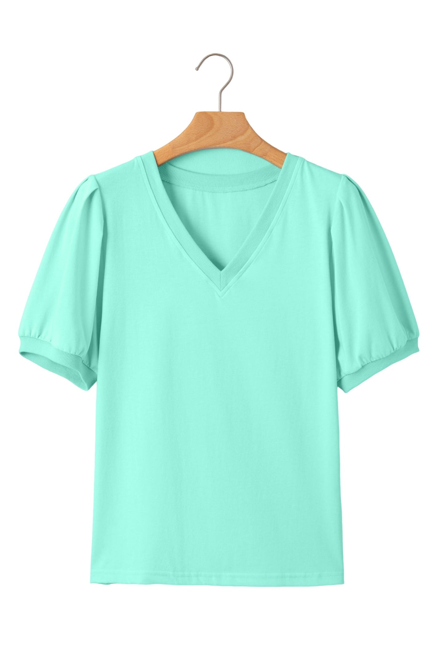 Solid V-Neck Short Puff Sleeve Blouse