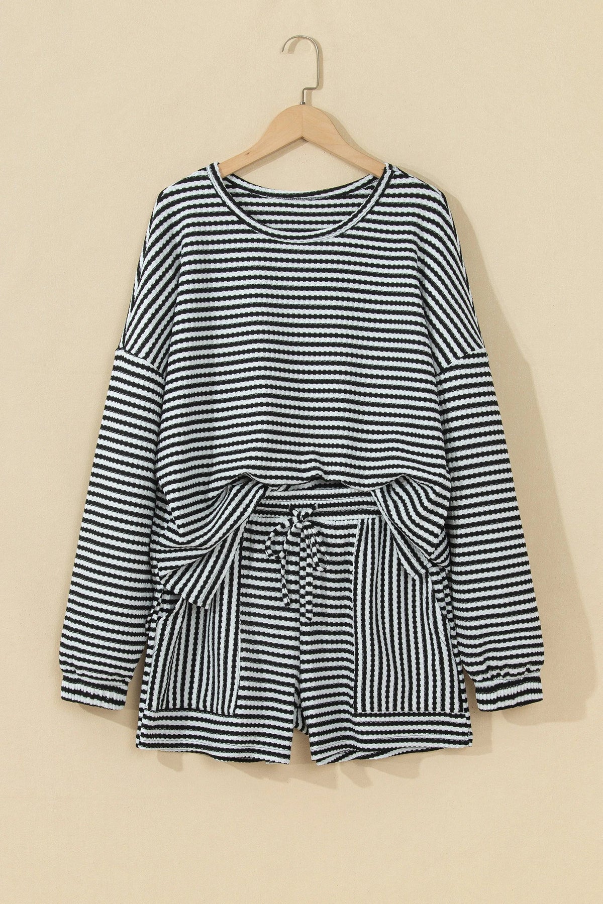 Stripe Long Sleeve Textured Knit Top & Shorts Set