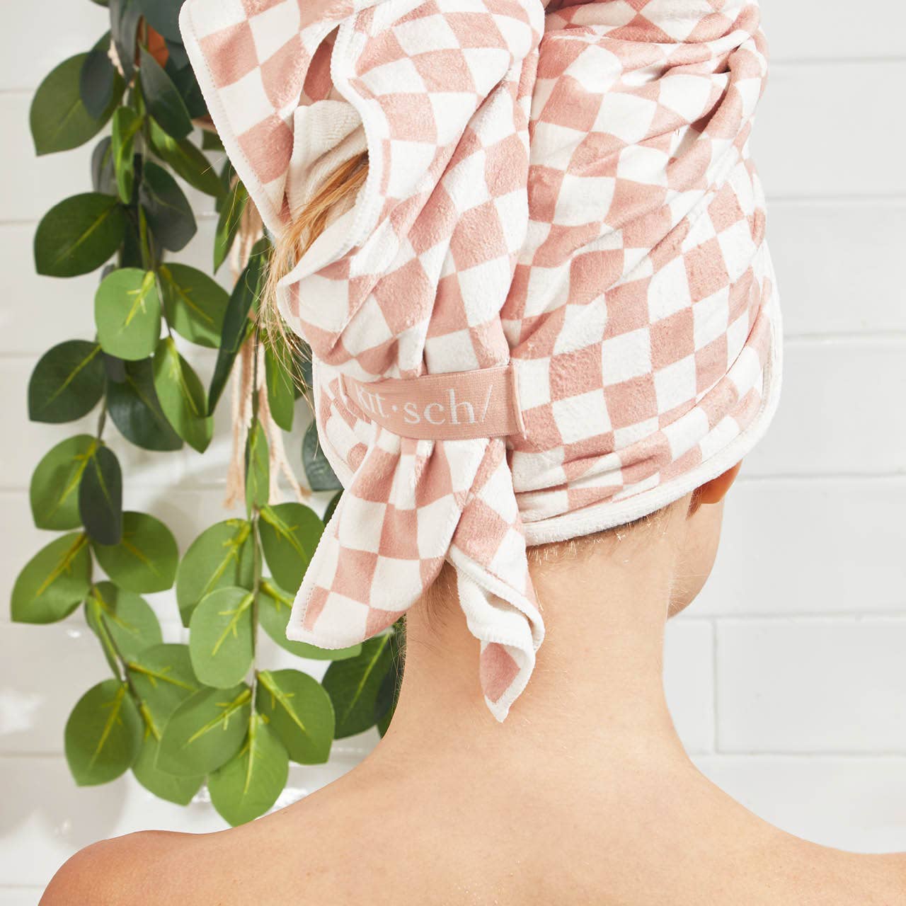 Extra Large Quick-Dry Hair Towel Wrap- Terracotta Checker by Kitsch