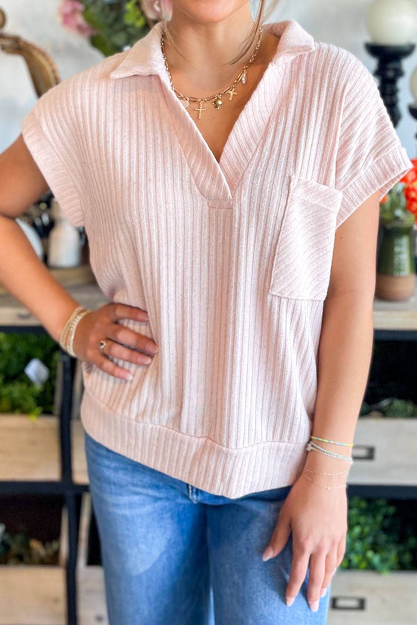 Solid Ribbed Knit Collared V-Neck Tee
