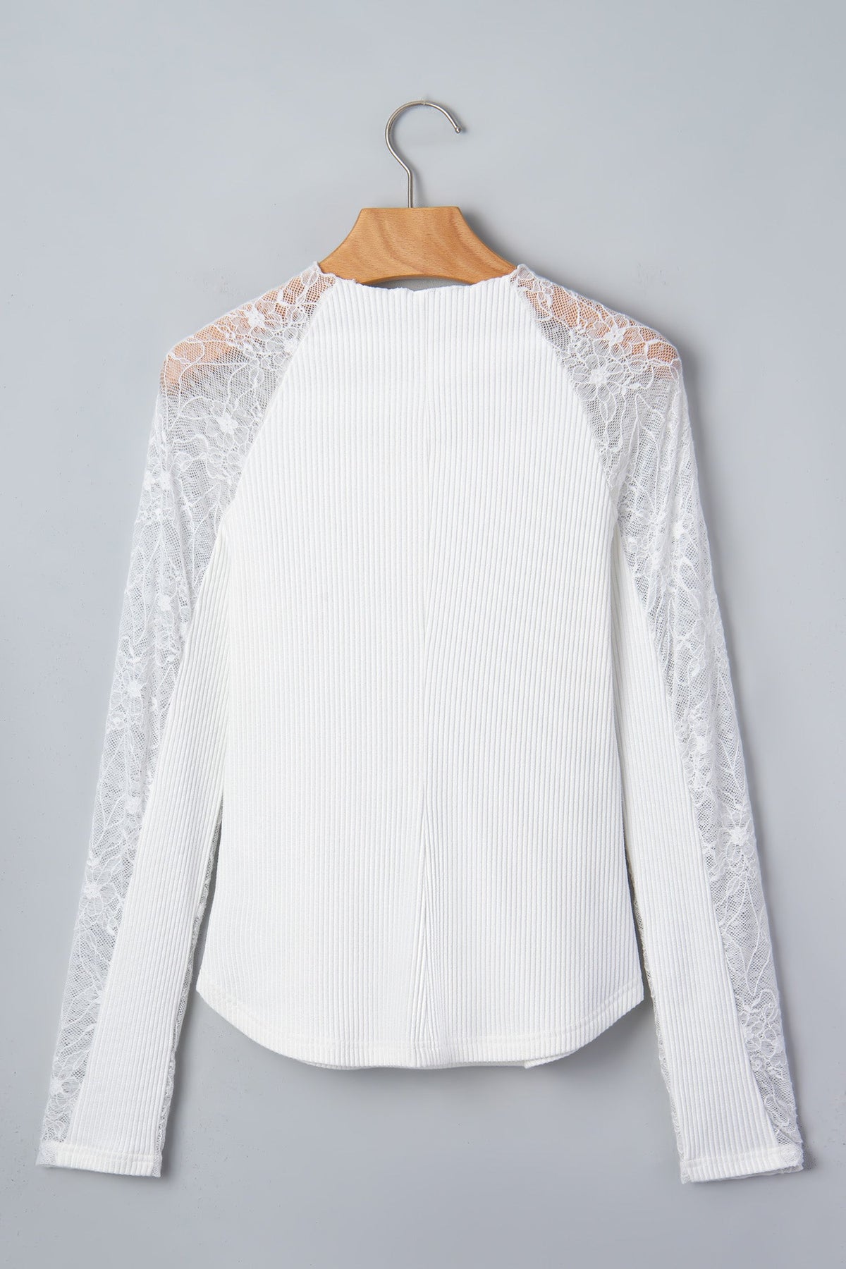 Solid Sheer Lace Long Sleeve Ribbed Knit Top