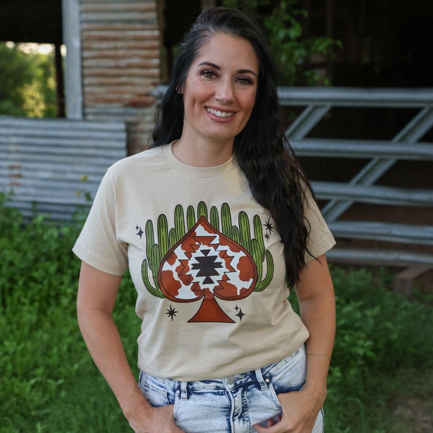 Aztec Cowprint Spade Cactus Soft Graphic Tee