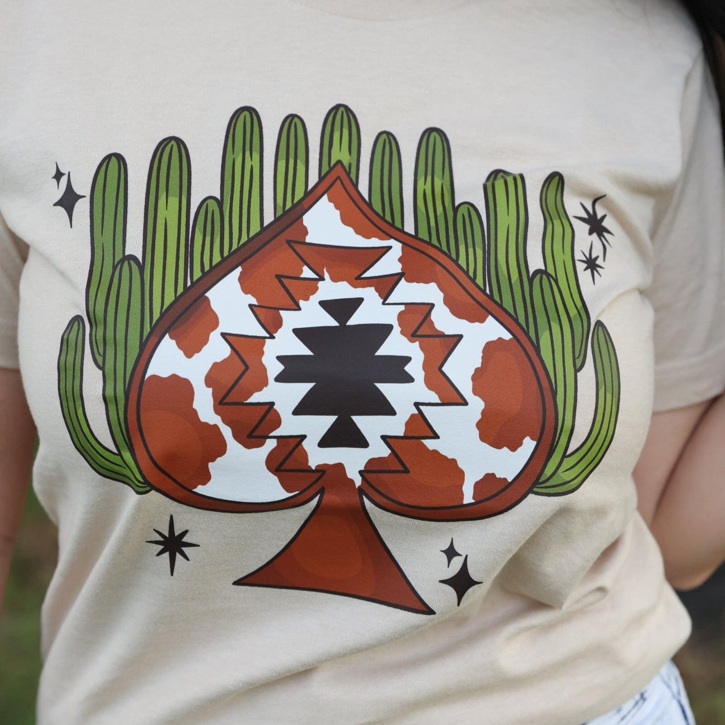 Aztec Cowprint Spade Cactus Soft Graphic Tee