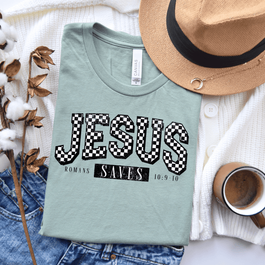 Checkered Jesus Saves Graphic Tee
