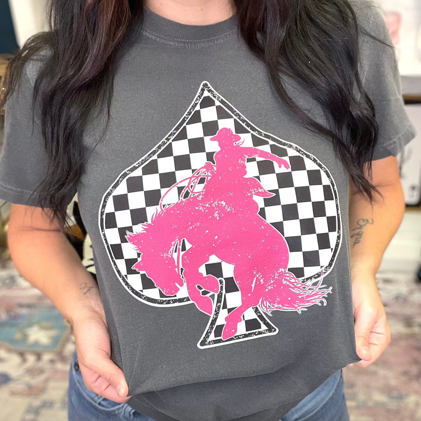 Checkered Spade Pink Bronc Graphic Tee