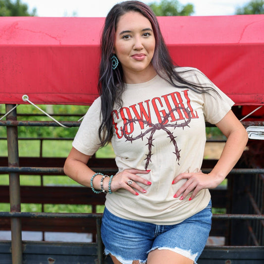 Cowgirl Barbed Wire Bow Western Tee Soft Graphic Tee