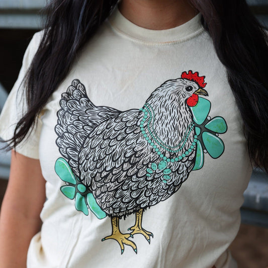 Turquoise Chicken with Flowers Soft Graphic Tee