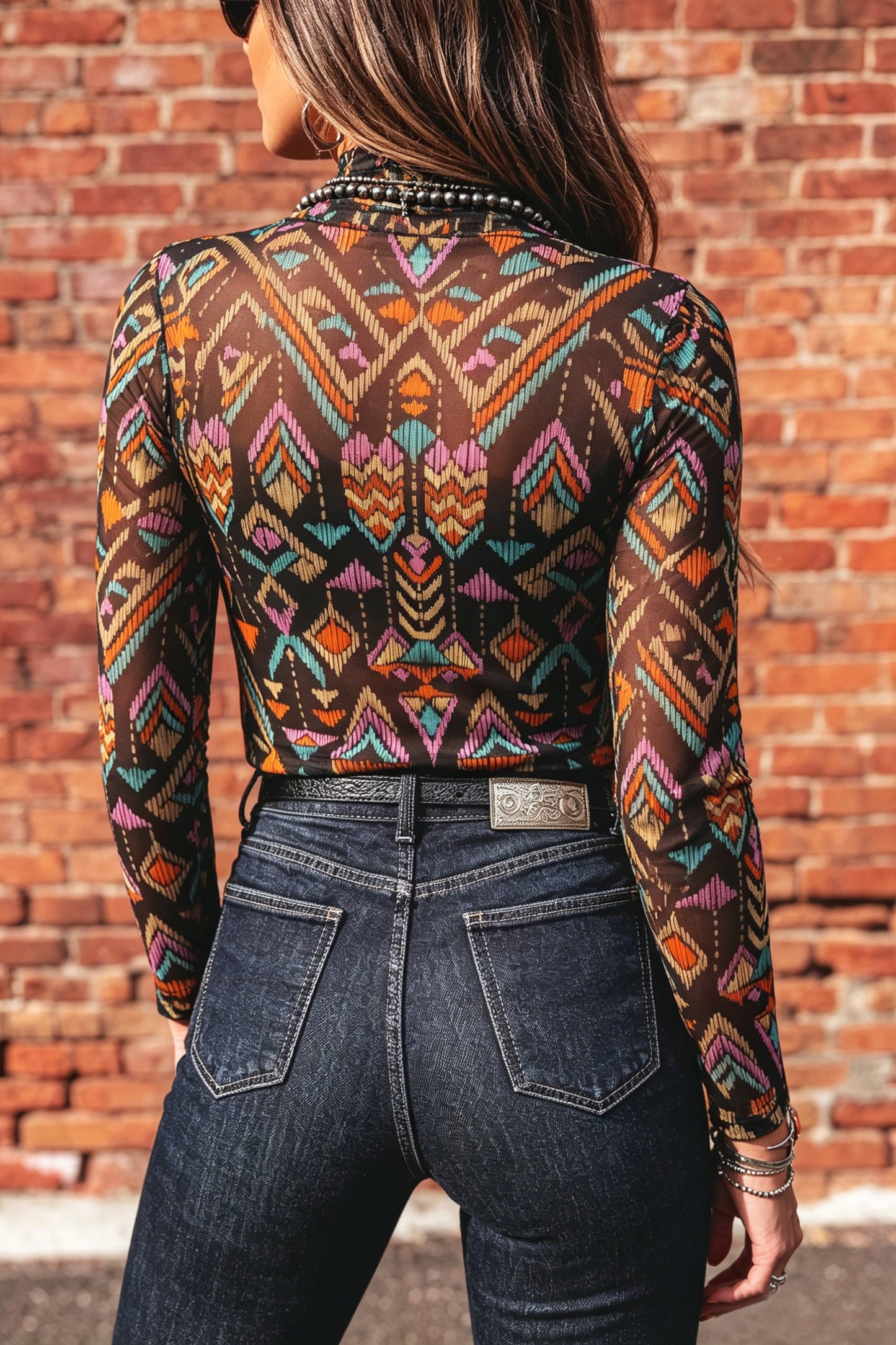 Aztec Mesh Mock Neck Long Sleeve Top