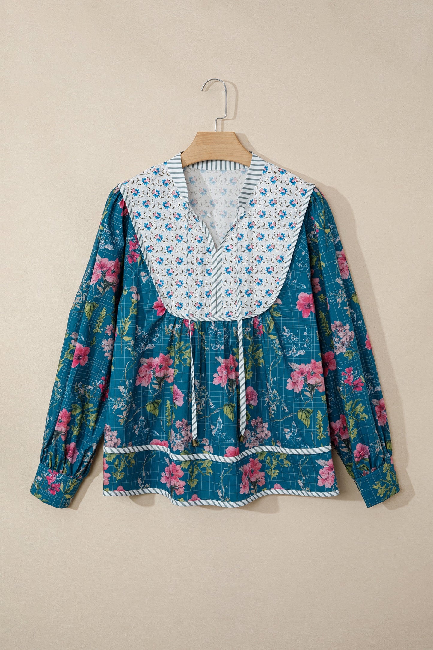 Floral Stripe Patchwork Long Puff Sleeve Blouse
