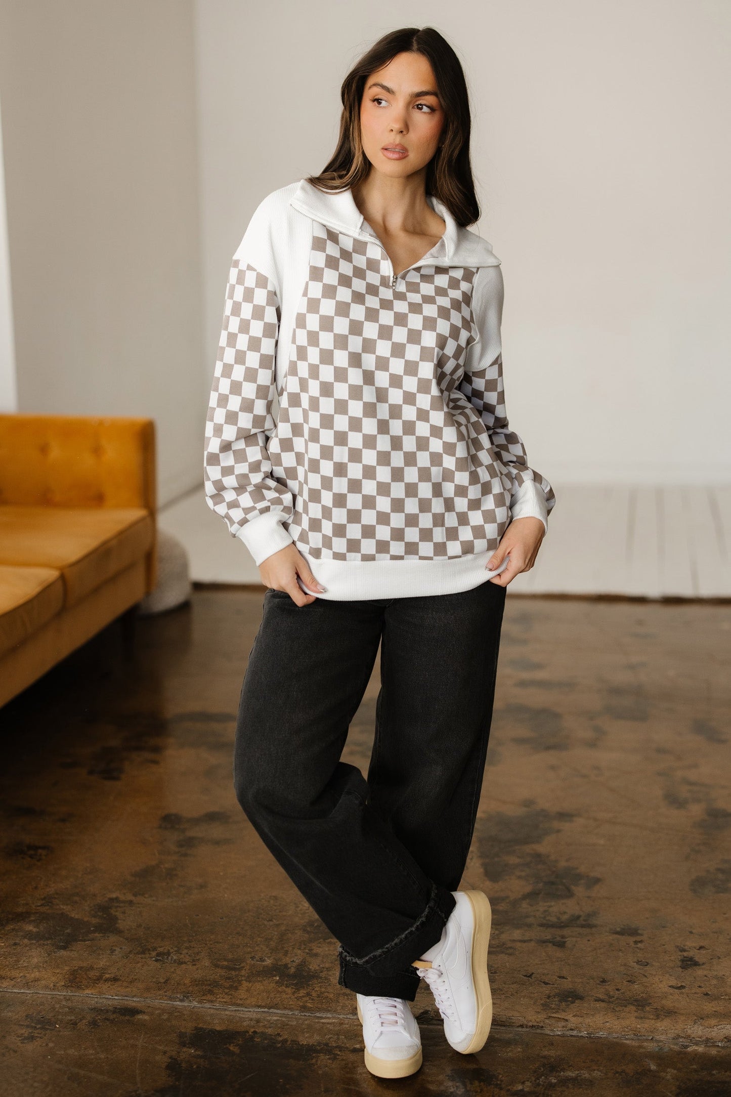 Checker Ribbed Patchwork Quarter Zip Sweatshirt