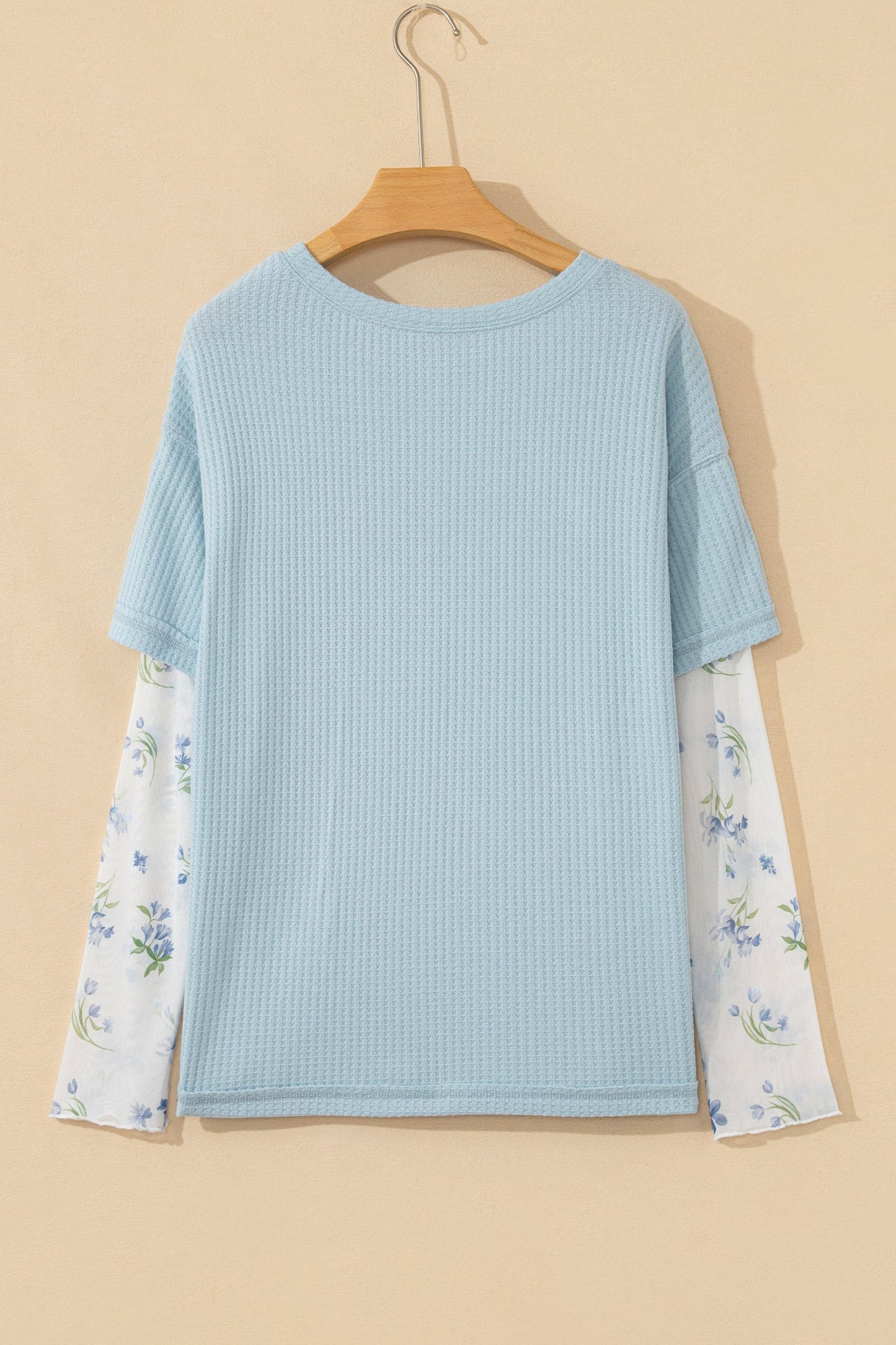 Floral Lace Patchwork Waffle Fake Two-Piece Top