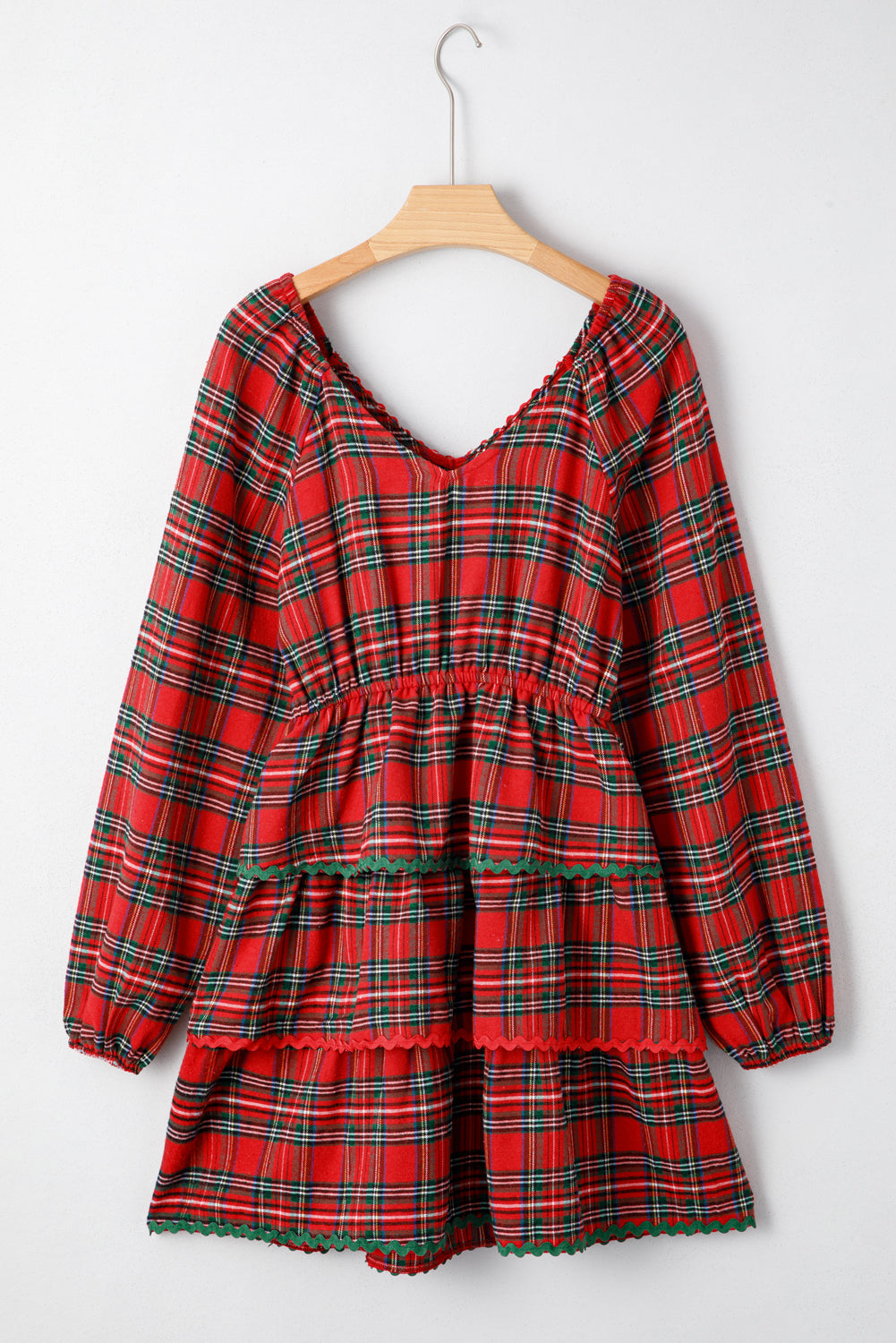 Plaid Ricrac Trim Long Sleeve Tiered Mini Dress