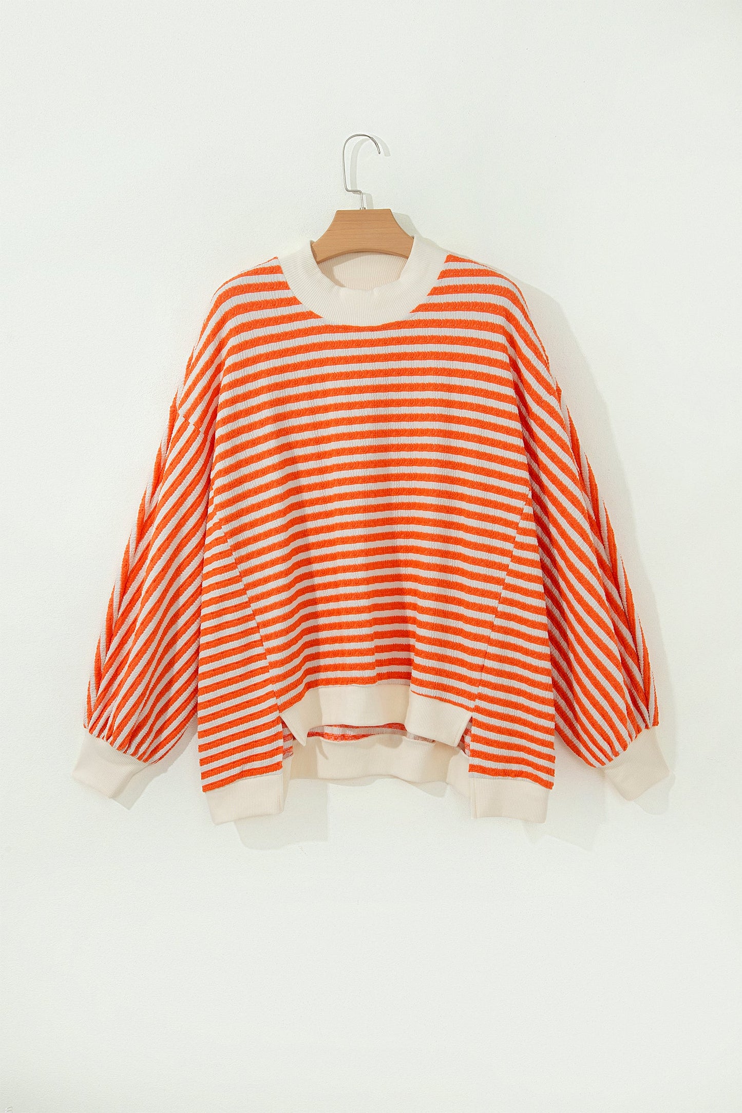 Stripe Textured Mock Neck Long Sleeve Oversized Top
