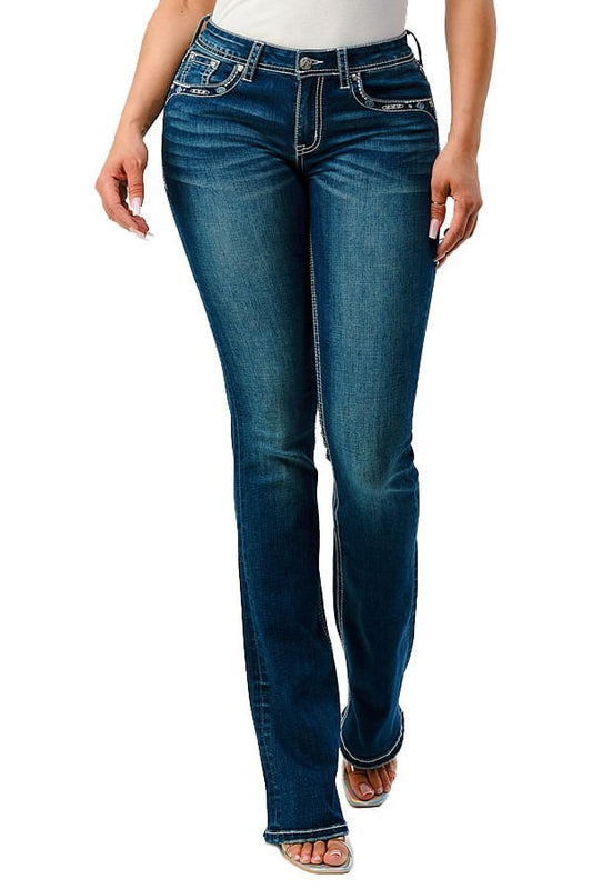 Grace in LA Women's Western Aztec Embroidered Mid Rise Bootcut Jeans