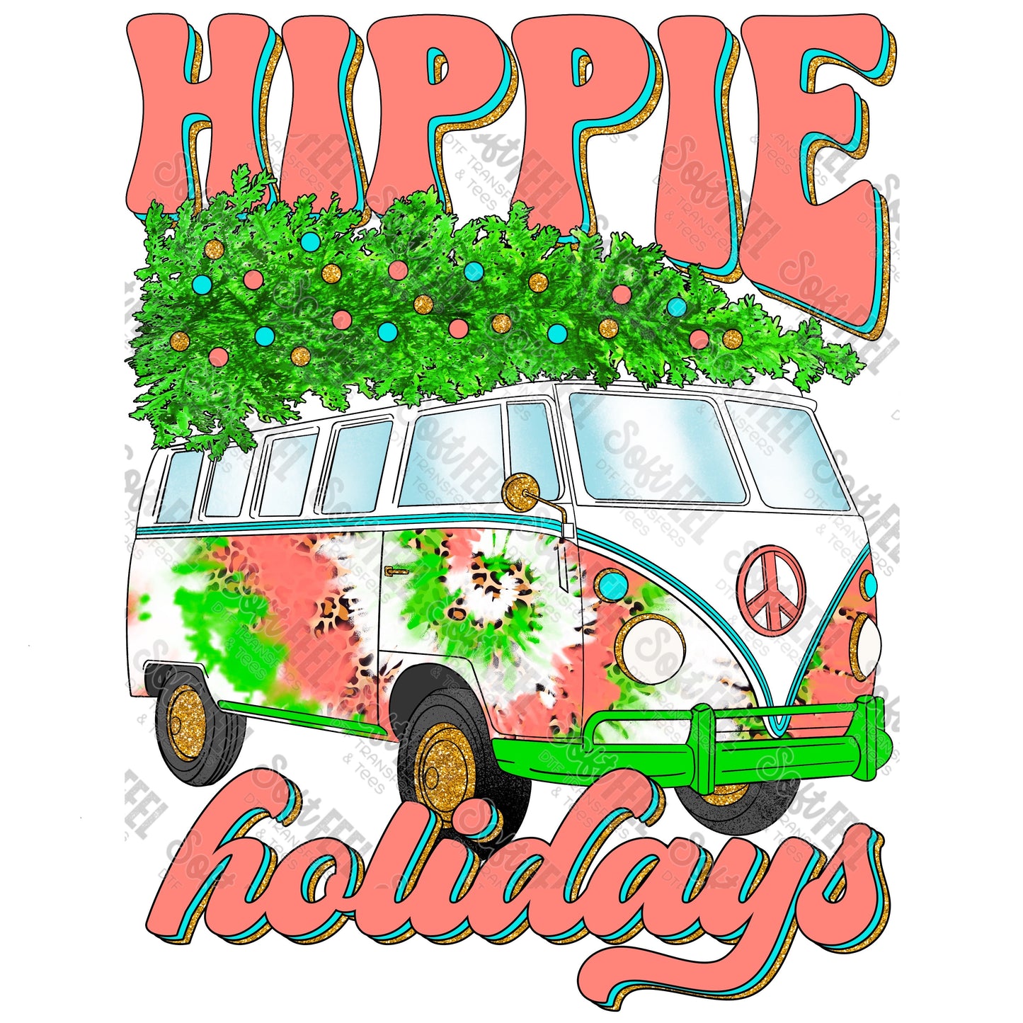 Hippie Holiday Bus Pink - Hippie / Christmas - Direct To Film Transfer / DTF - Heat Press Clothing Transfer