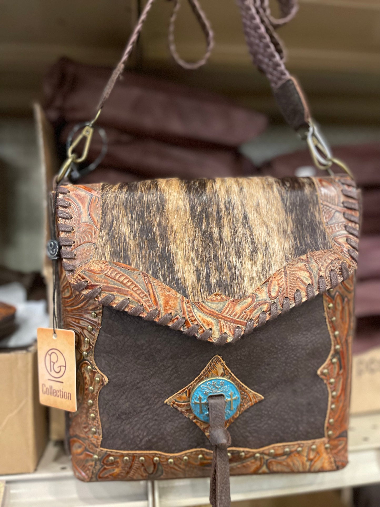 Cowhide Tooled Turquoise Concho Purse