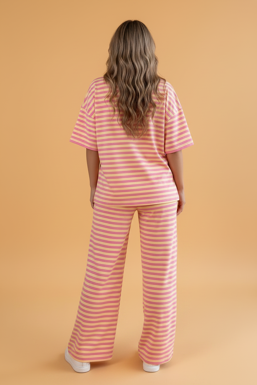 Stripe Colorblock Trim Short Sleeve Tee and Pants Set