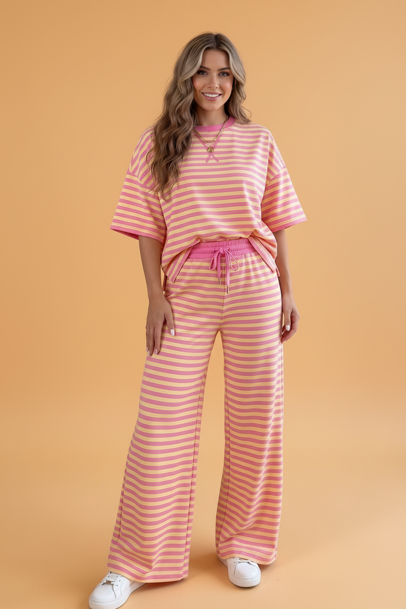 Stripe Colorblock Trim Short Sleeve Tee and Pants Set