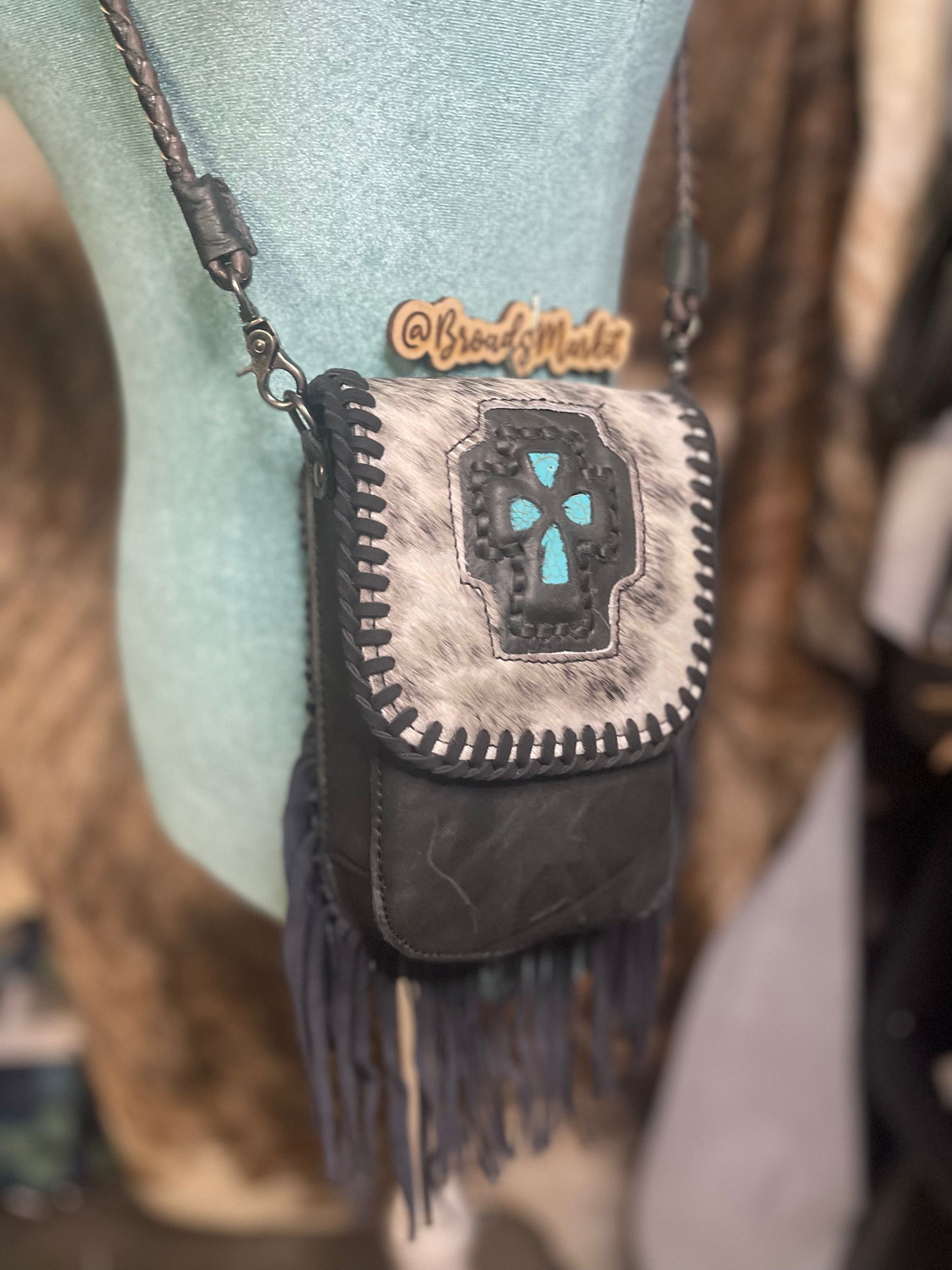 Cowhide Fringe Crossbody Purse Black