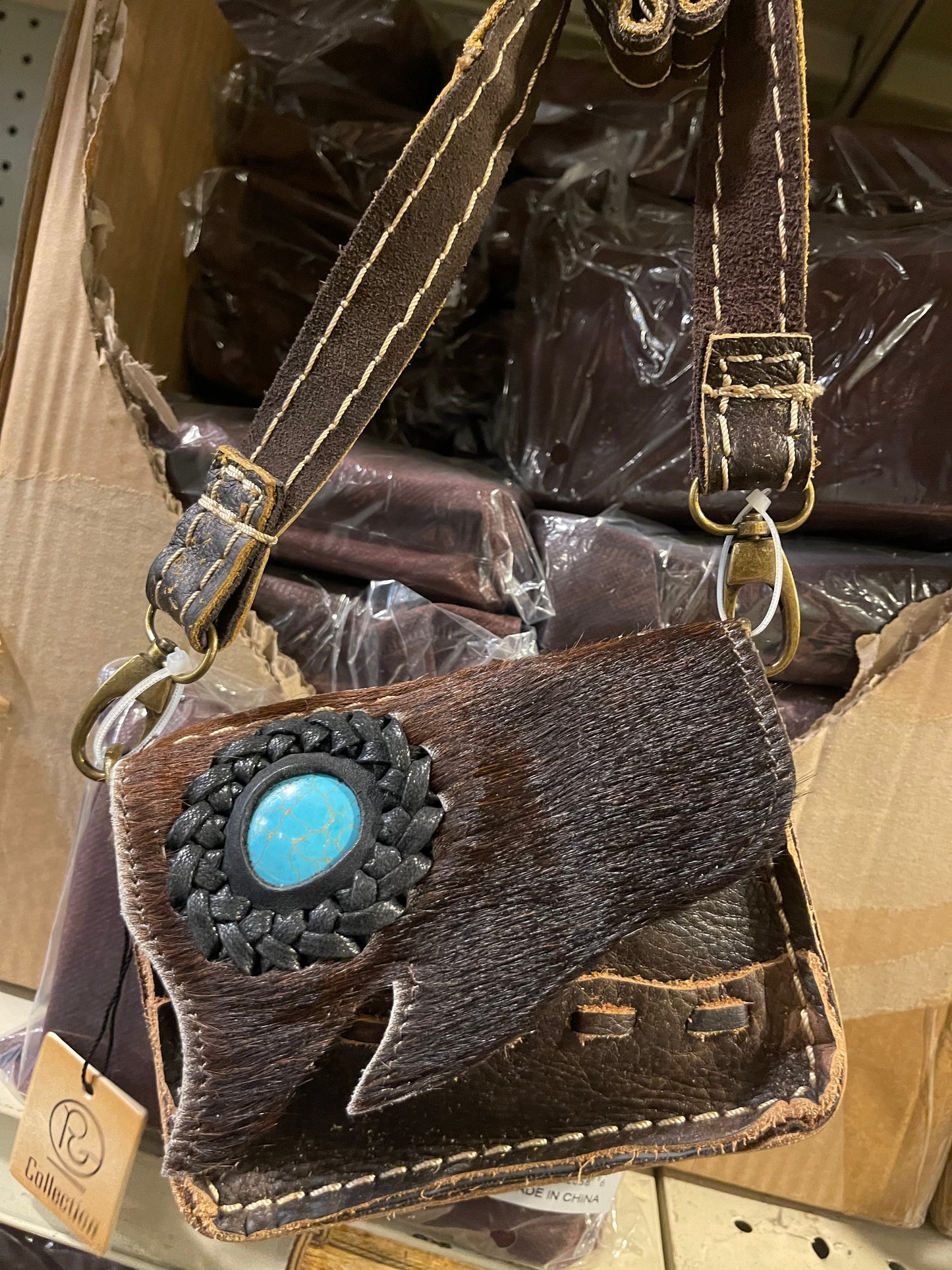 Cowhide Turquoise Stone Mini Crossbody Purse