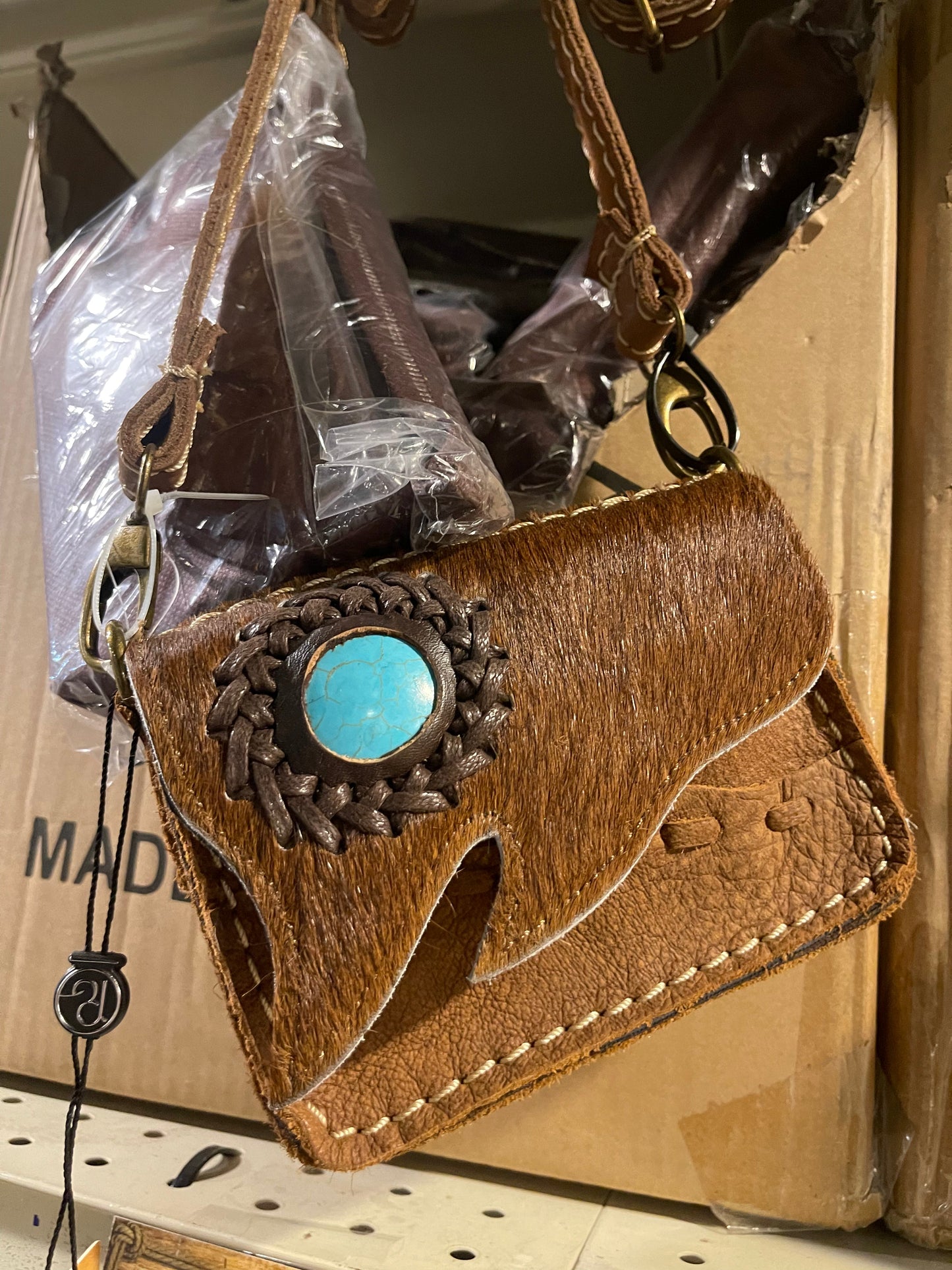 Cowhide Turquoise Stone Mini Crossbody Purse