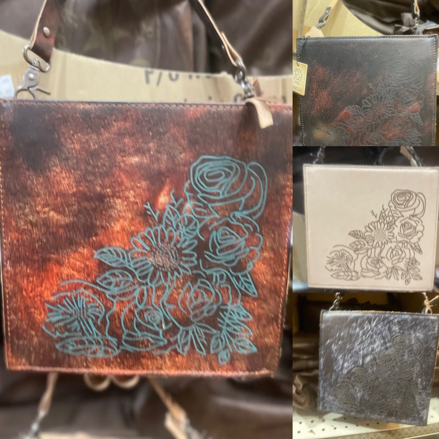 Leather Etched Floral Crossbody Purse