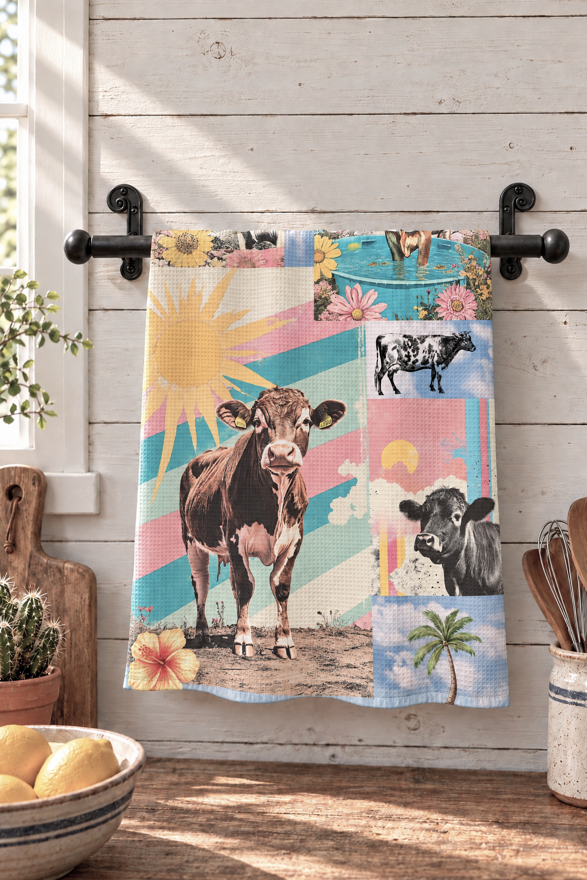 Baha Ranch Summer Cows Set of 2 (same) Kitchen Dish Towels Made in America