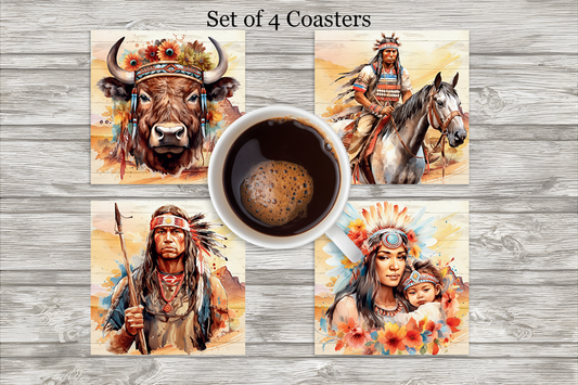 Native American Western Neoprene 4 Inch Square Coasters - Set of 4
