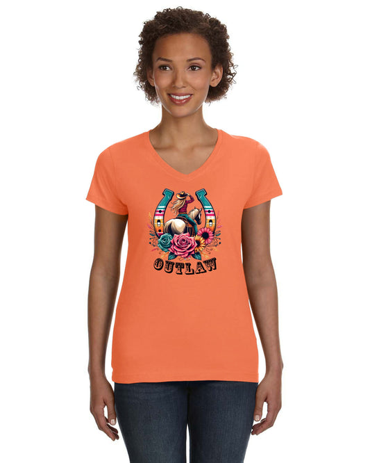 Outlaw Floral Cowgirl Graphic V-Neck T-shirt - NEW