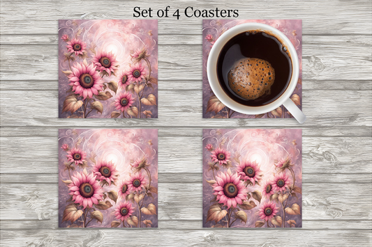 Pink Sunflower Neoprene 4 Inch Square Coasters - Set of 4