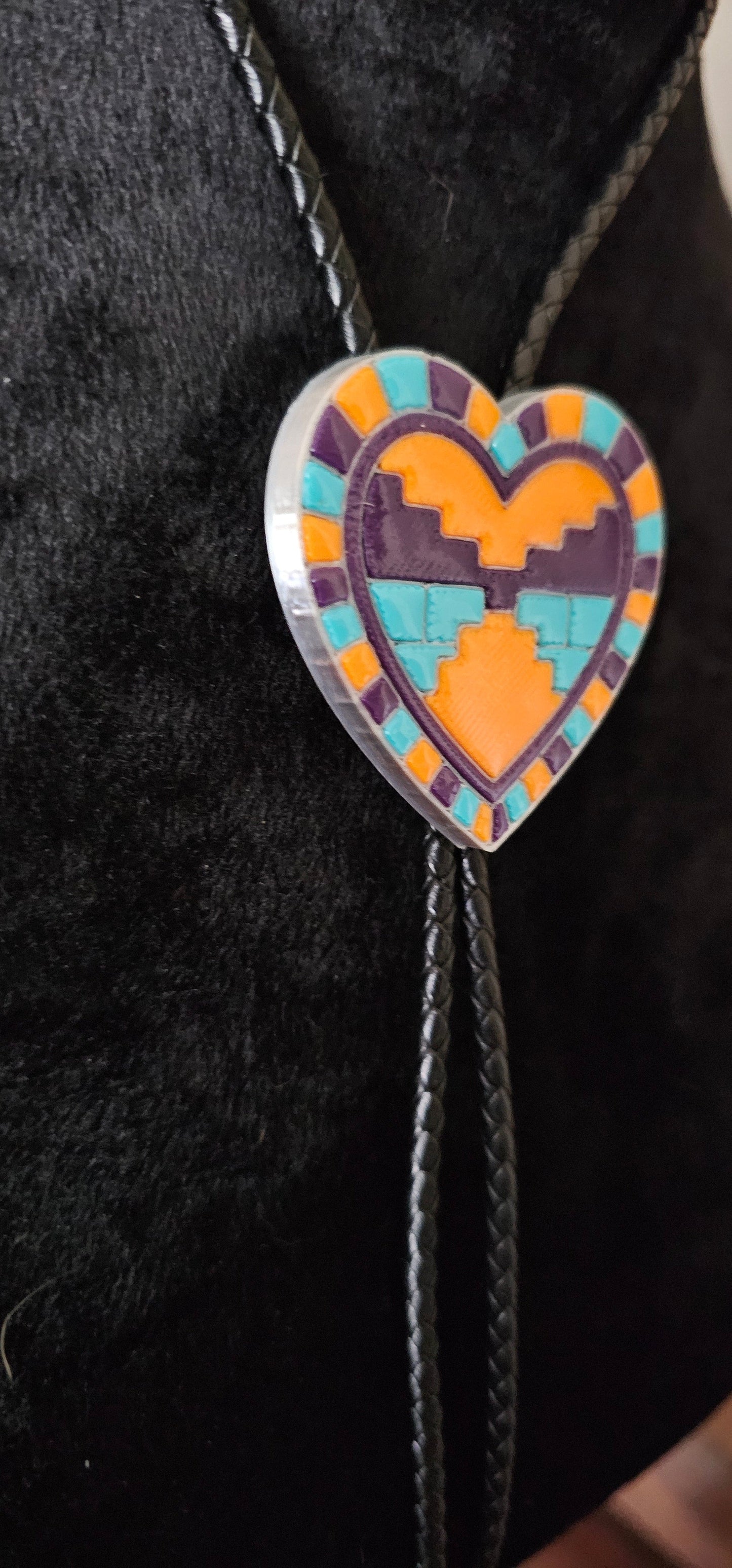 Orange Purple Aztec 3D Inlay Heart Bolo Tie Necklace Made in America
