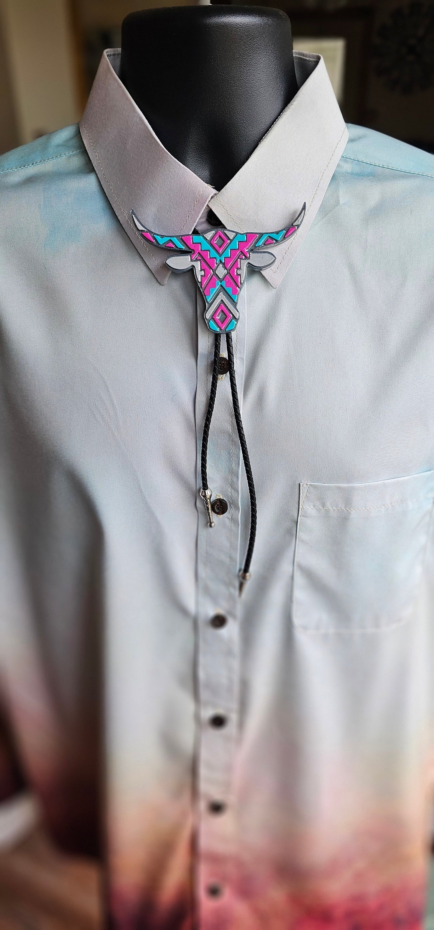 Turquoise Pink Aztec Longhorn 3D Inlay Bolo Tie Necklace Made in America