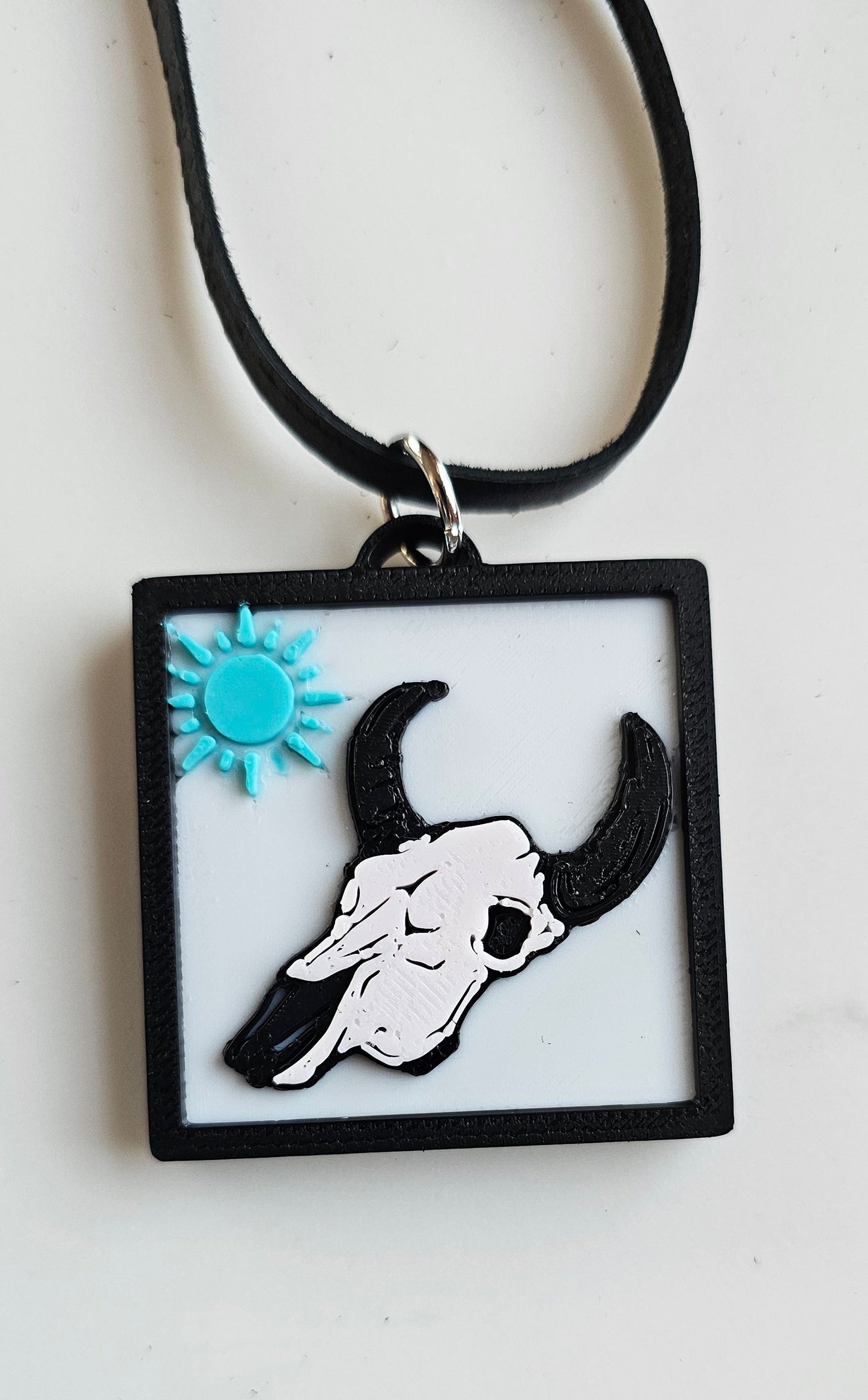 3D Print Picture Necklace on Deerskin Leather Western Bull Skull Desert Cactus Made in America