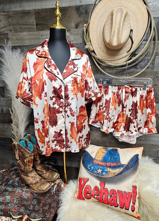 Cow Hide Print Western Cowgirl Satin Pajama Set