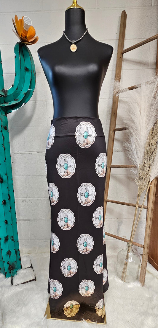 Turquoise Silver Concho Maxi Skirt