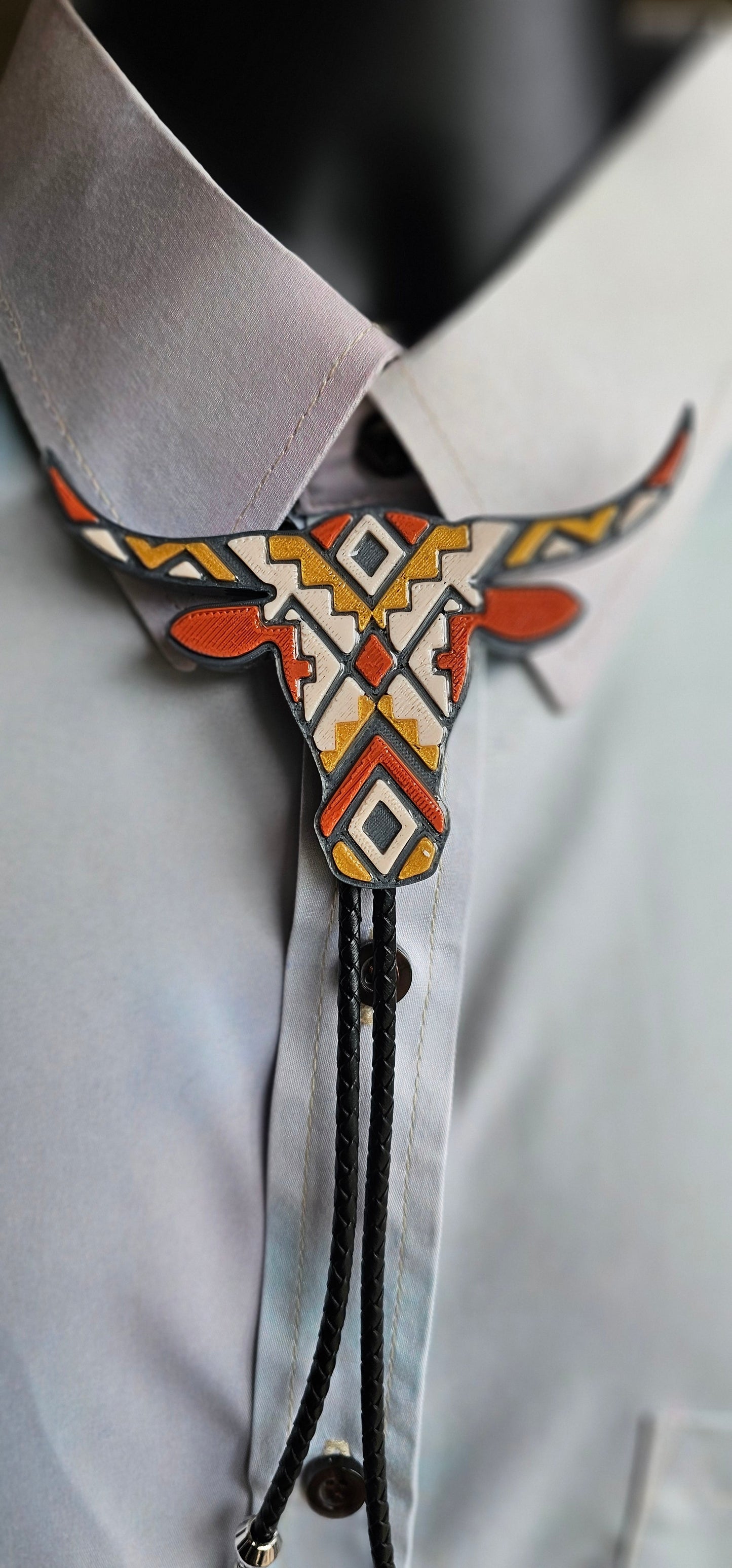 Brown Tan Aztec Longhorn 3D Inlay Bolo Tie Necklace Made in America