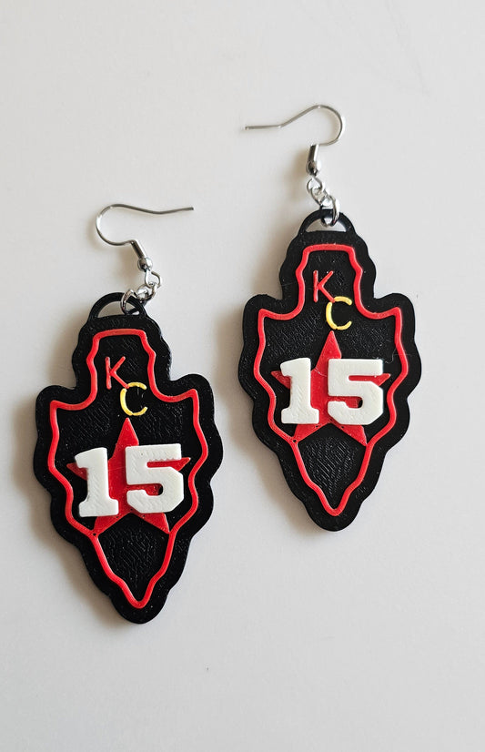 3D Print Kansas City Mahomes 15 Arrowhead Chiefs Earrings Patrick Made in America