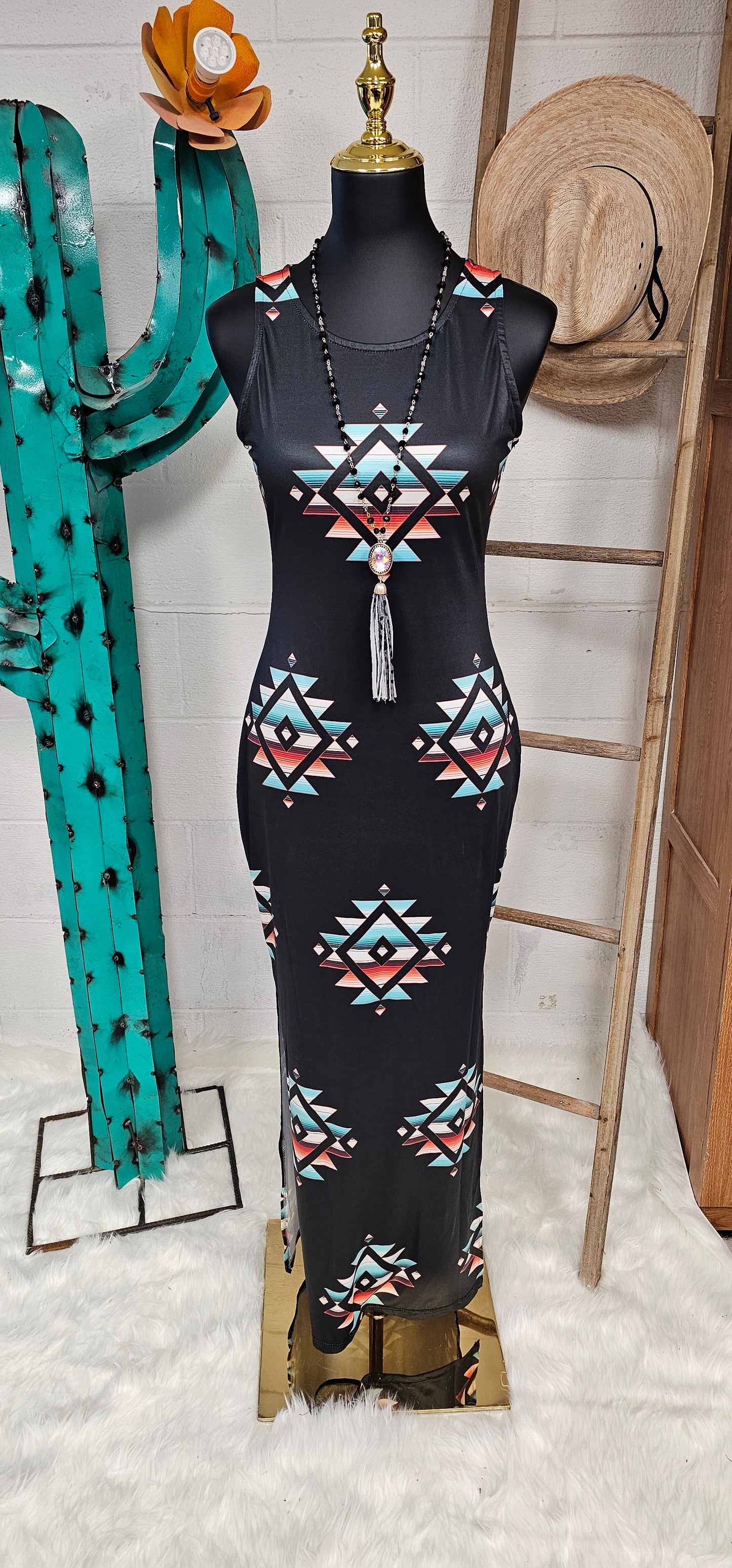 Southwestern Aztec Sleeveless Bodycon Side Slit Western Maxi Dress