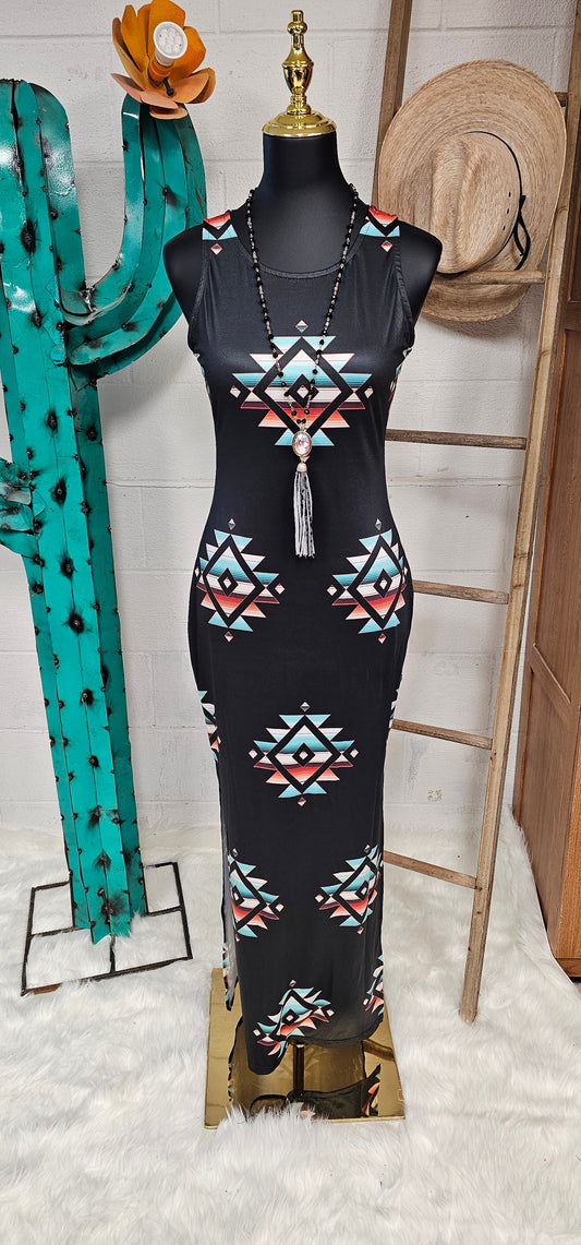 Southwestern Aztec Sleeveless Bodycon Side Slit Western Maxi Dress