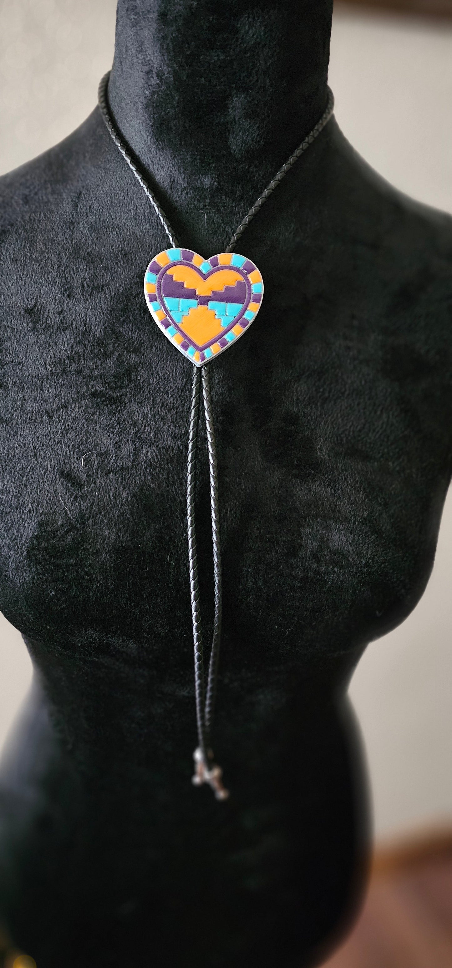 Orange Purple Aztec 3D Inlay Heart Bolo Tie Necklace Made in America