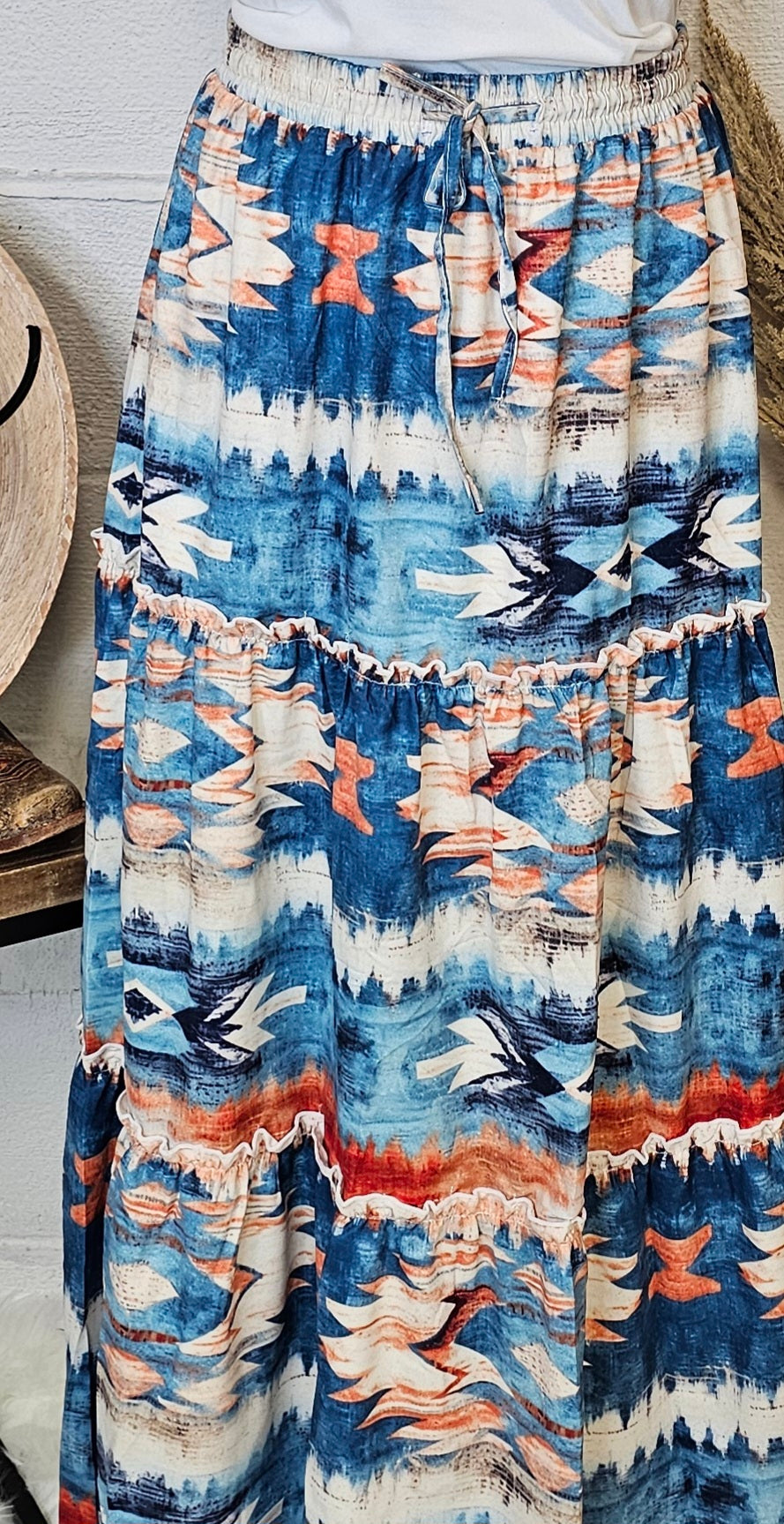 Blue Aztec Western Prairie Tiered Maxi Skirt