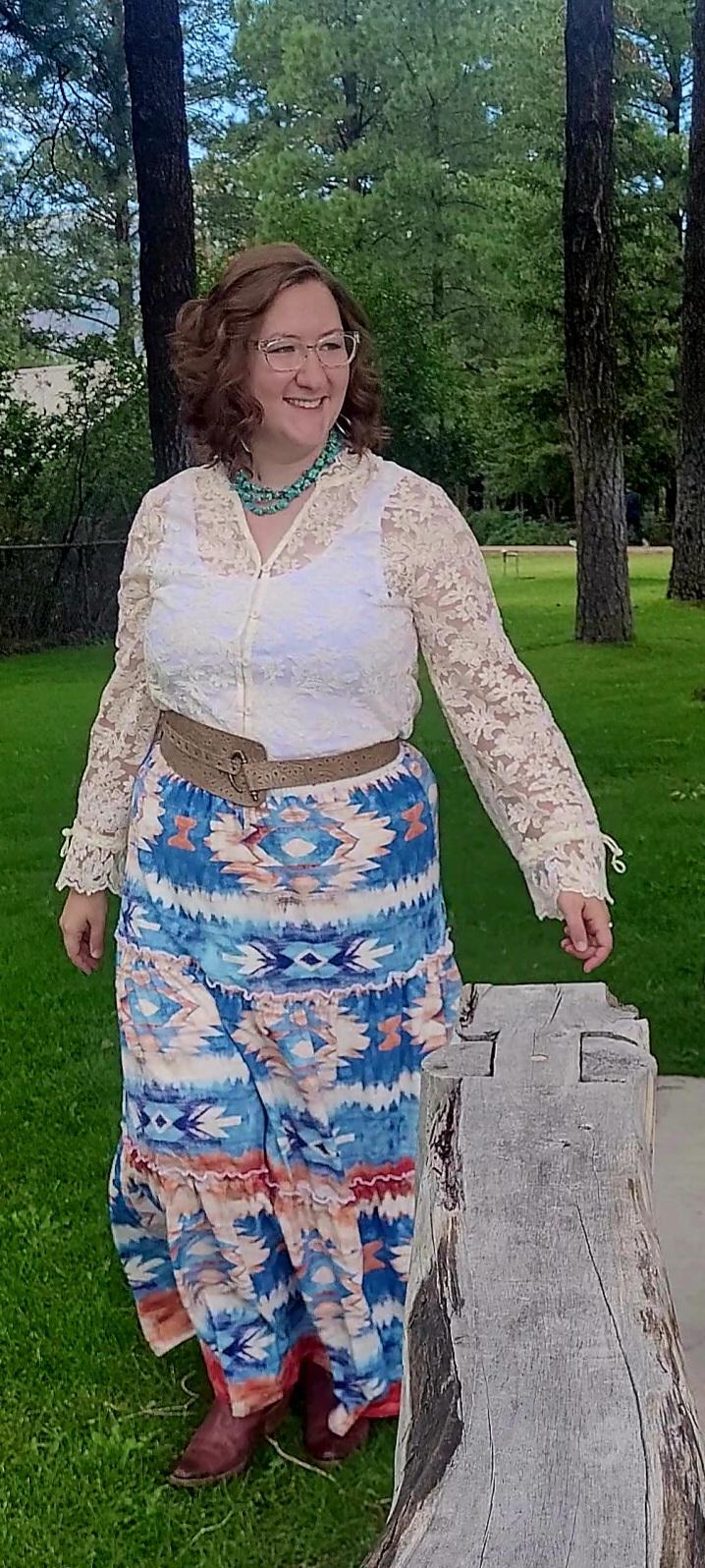 Blue Aztec Western Prairie Tiered Maxi Skirt