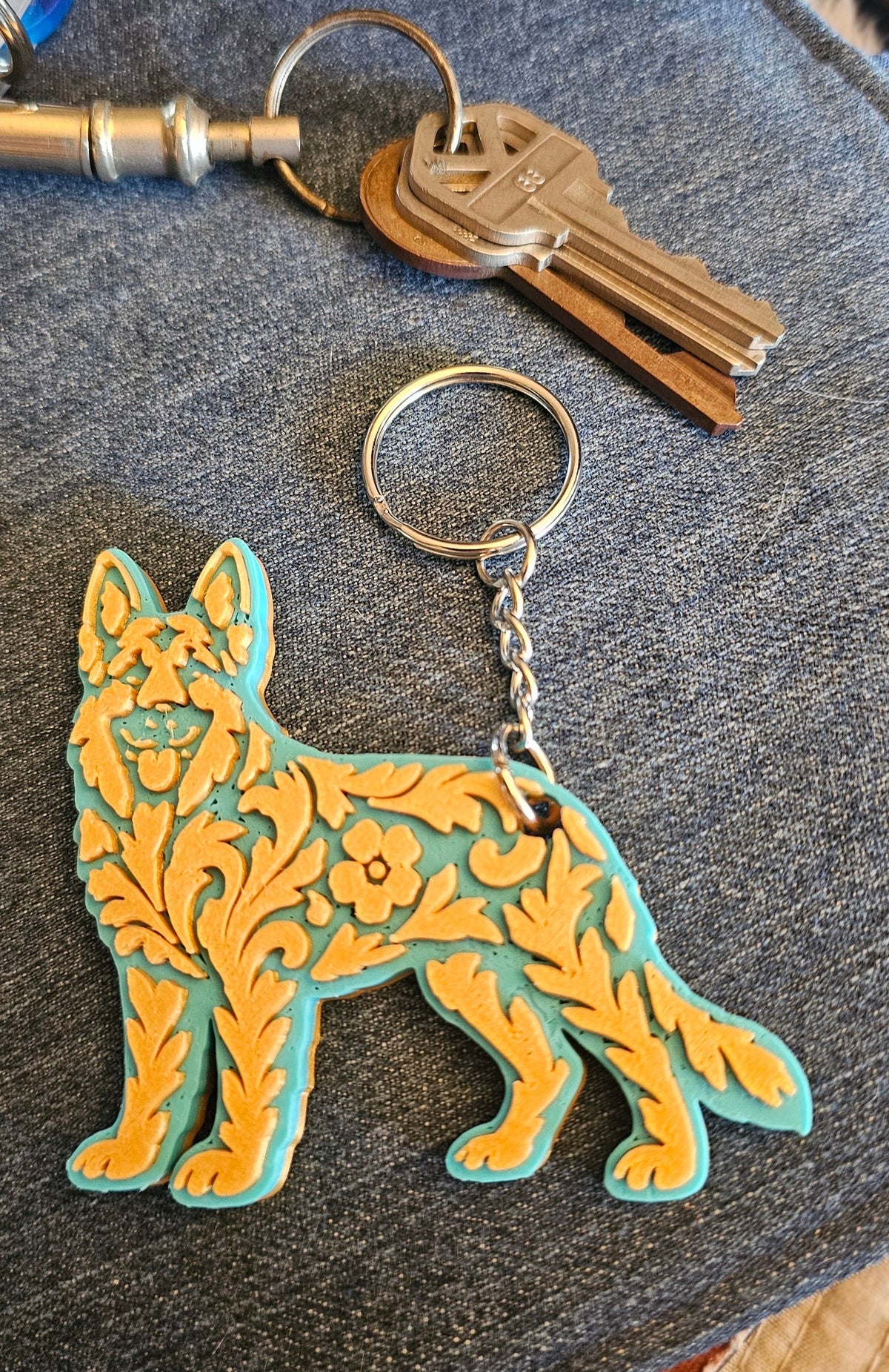 3D Print German Shepherd Dog Tooled Keychain Made in America