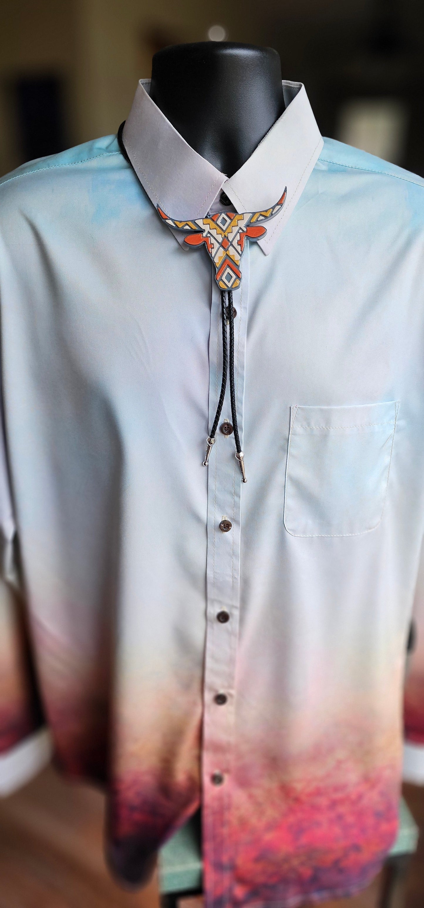 Brown Tan Aztec Longhorn 3D Inlay Bolo Tie Necklace Made in America
