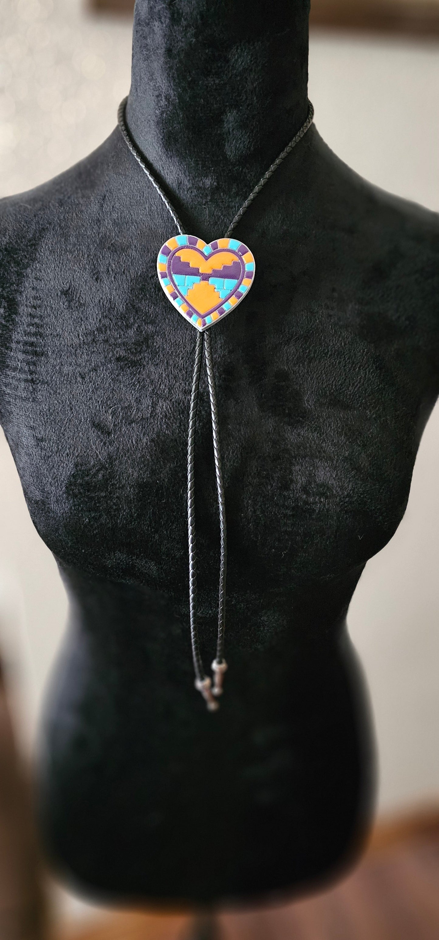 Orange Purple Aztec 3D Inlay Heart Bolo Tie Necklace Made in America