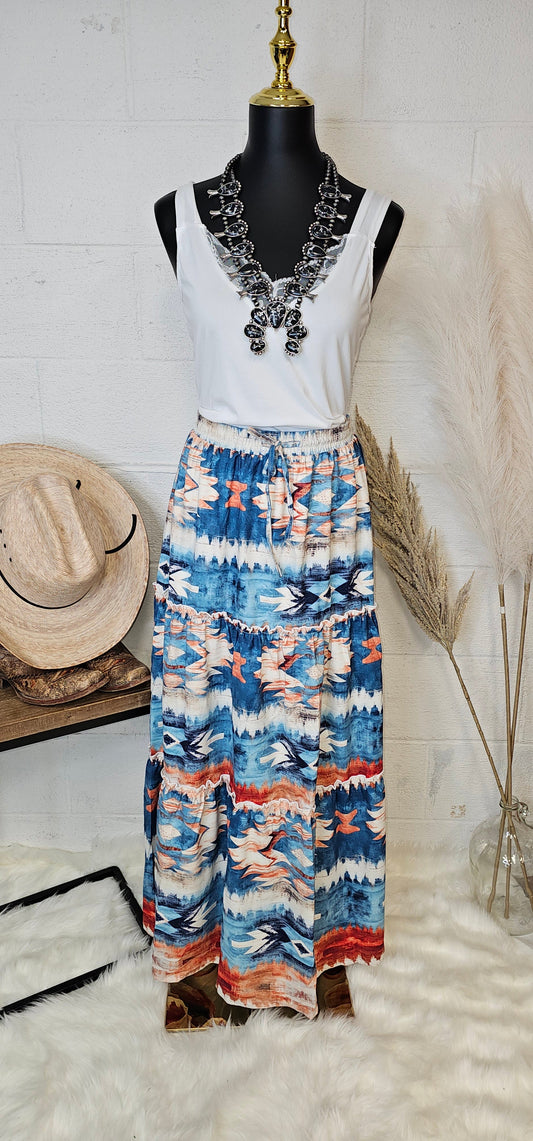 Blue Aztec Western Prairie Tiered Maxi Skirt